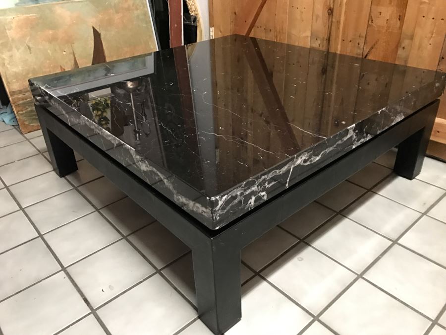 JUST ADDED - Italian Black Marble Top Cocktail Table METROPOLIS - Slight Crack In Marble Top - Comes With Extra Marble Top In Shipping Crate 43' X 43' [Photo 1]