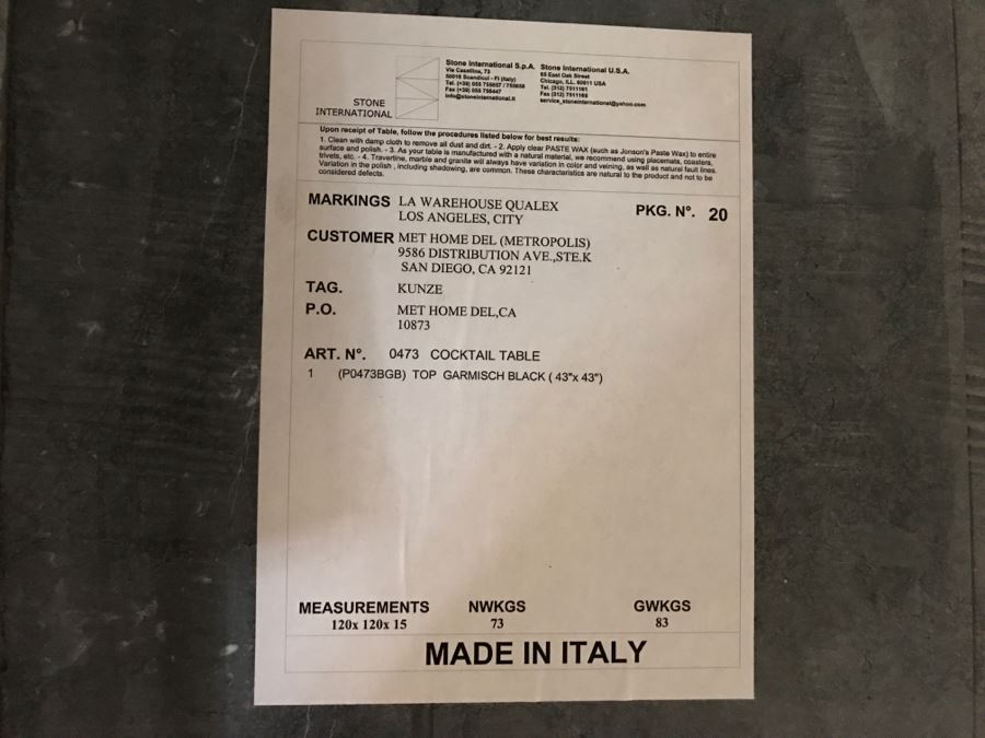 JUST ADDED - Italian Black Marble Top Cocktail Table METROPOLIS - Slight Crack In Marble Top - Comes With Extra Marble Top In Shipping Crate 43' X 43' [Photo 3]