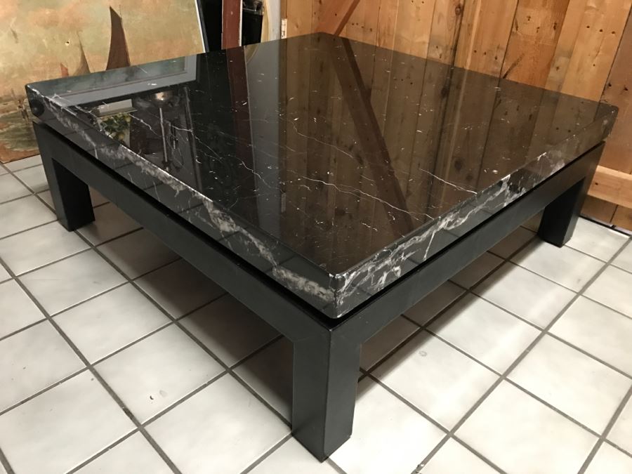 JUST ADDED - Italian Black Marble Top Cocktail Table METROPOLIS - Slight Crack In Marble Top - Comes With Extra Marble Top In Shipping Crate 43' X 43' [Photo 16]