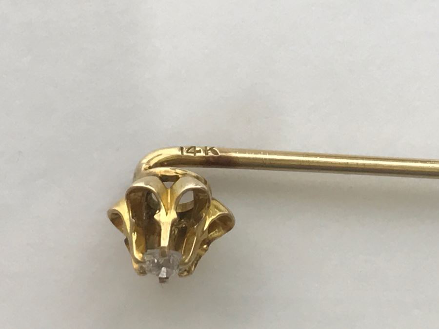JUST ADDED - 14K Gold Vintage Stick Pin Floral Design With 6 Prong 2.84MM Round Diamond 1.4g In Original Box [Photo 5]