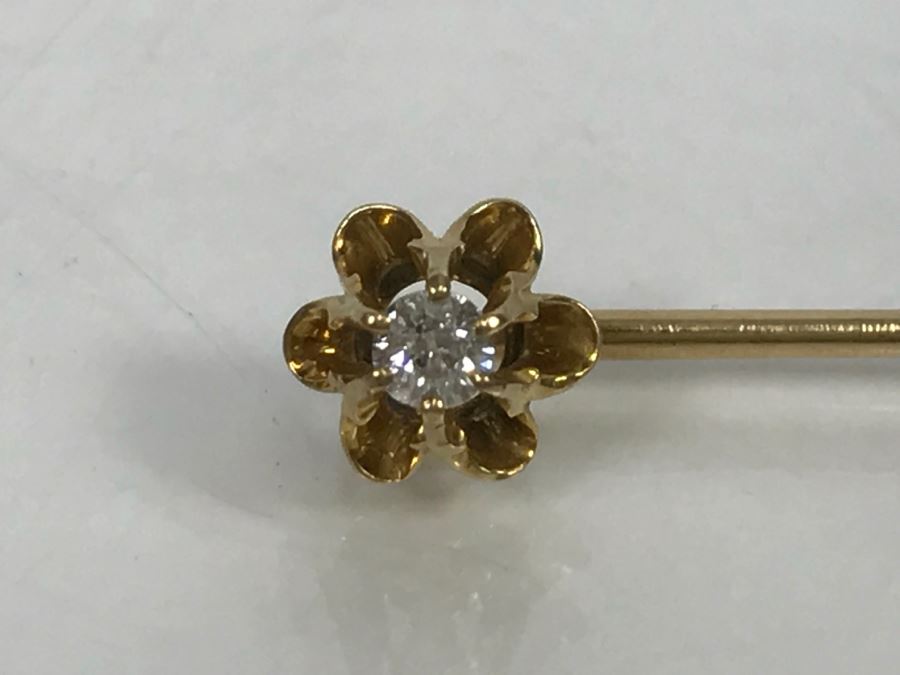 JUST ADDED - 14K Gold Vintage Stick Pin Floral Design With 6 Prong 2.84MM Round Diamond 1.4g In Original Box [Photo 6]
