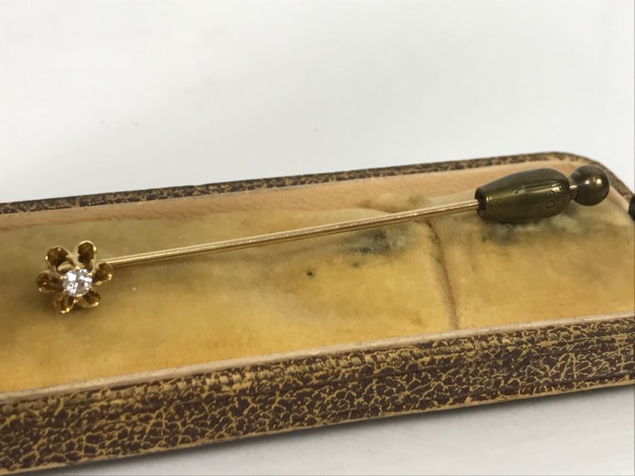 JUST ADDED - 14K Gold Vintage Stick Pin Floral Design With 6 Prong 2.84MM Round Diamond 1.4g In Original Box [Photo 9]
