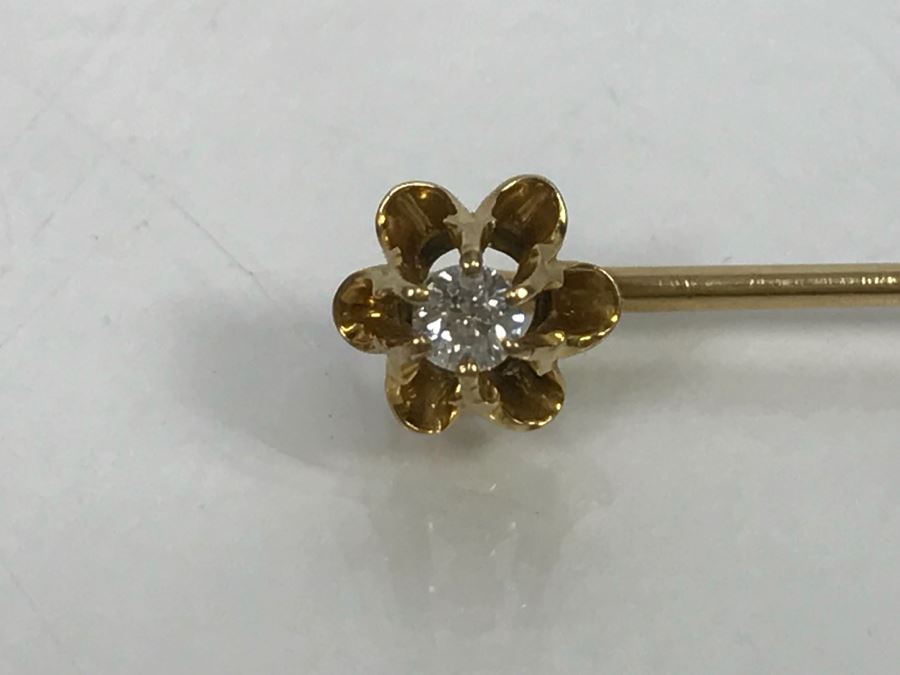 JUST ADDED - 14K Gold Vintage Stick Pin Floral Design With 6 Prong 2.84MM Round Diamond 1.4g In Original Box [Photo 7]