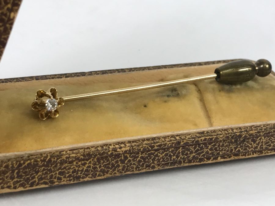 JUST ADDED - 14K Gold Vintage Stick Pin Floral Design With 6 Prong 2.84MM Round Diamond 1.4g In Original Box [Photo 10]