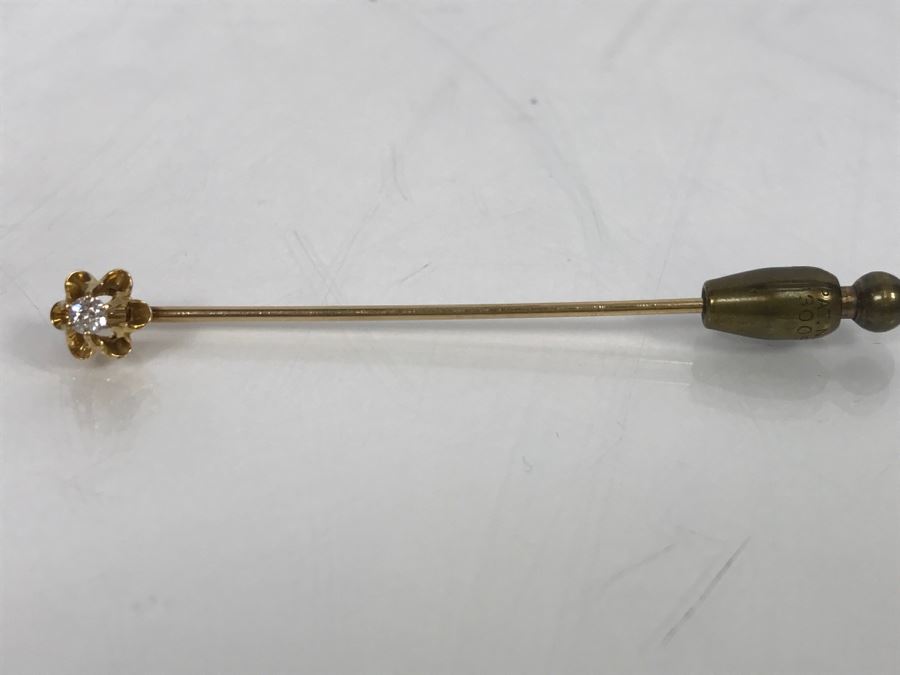 JUST ADDED - 14K Gold Vintage Stick Pin Floral Design With 6 Prong 2.84MM Round Diamond 1.4g In Original Box [Photo 8]