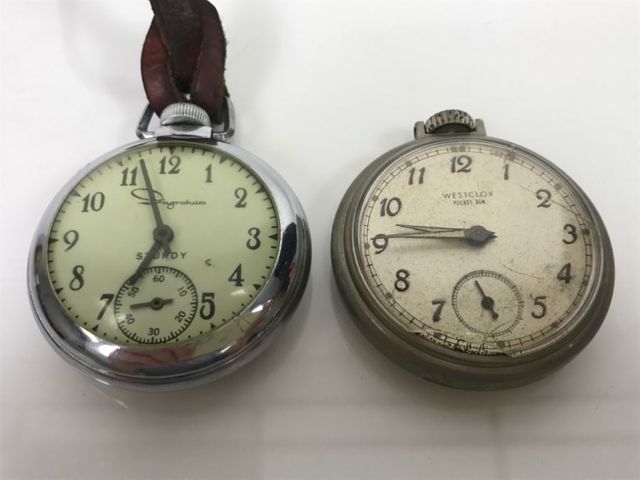 JUST ADDED - Pair Of Pocket Watches - Ingraham And Westclox Pocket Ben (Broken Glass) [Photo 1]