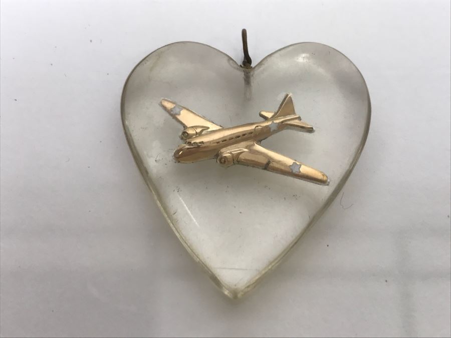 JUST ADDED - Vintage Clear Heart Shaped Pendant With Encased Airplane