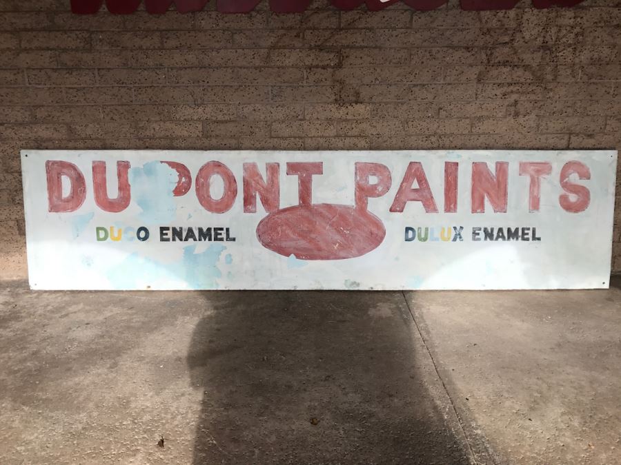 JUST ADDED - Large 15'L x 36'H Embossed Metal DUPONT PAINTS Painted Sign DUCO ENAMEL DULUX ENAMEL [Photo 1]