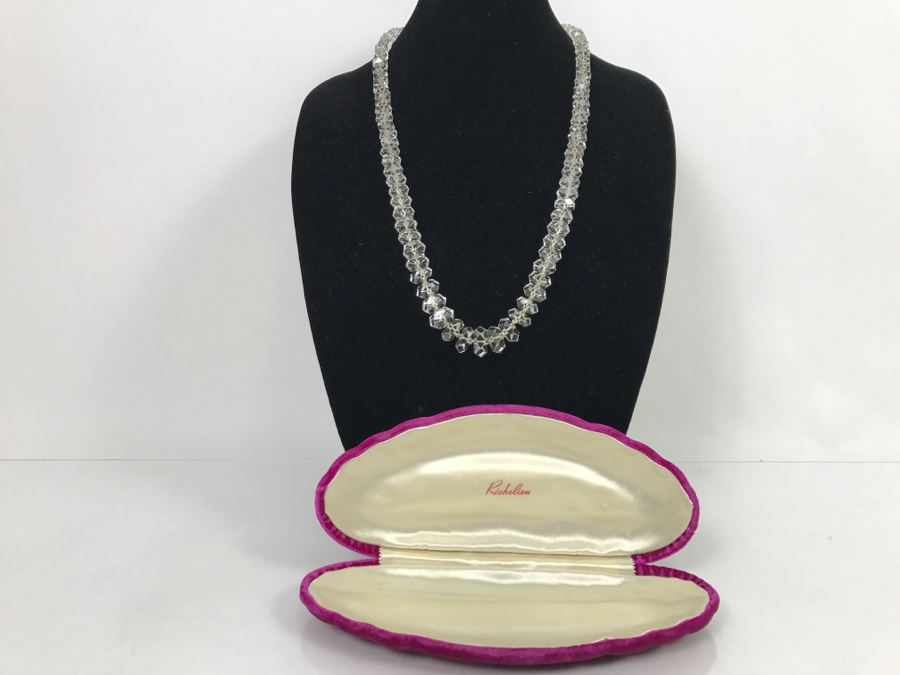 JUST ADDED - Richelieu Graduated Clear Faceted Crystal Continuos Necklace 28' Long From 14.9mm To 8.99mm Individually Knotted With Original Purple Clamshell Case [Photo 6]