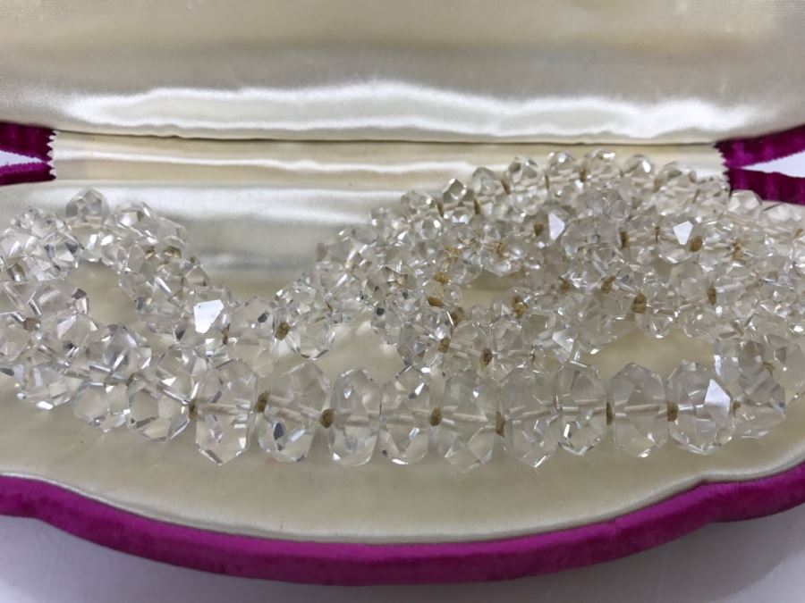 JUST ADDED - Richelieu Graduated Clear Faceted Crystal Continuos Necklace 28' Long From 14.9mm To 8.99mm Individually Knotted With Original Purple Clamshell Case [Photo 5]