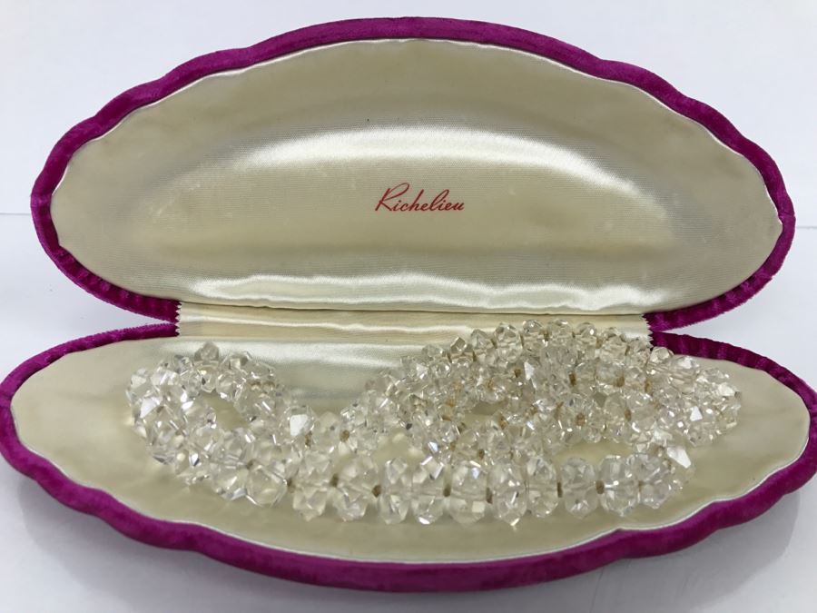 JUST ADDED - Richelieu Graduated Clear Faceted Crystal Continuos Necklace 28' Long From 14.9mm To 8.99mm Individually Knotted With Original Purple Clamshell Case [Photo 4]