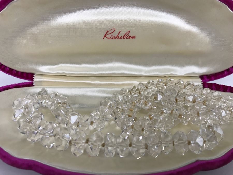 JUST ADDED - Richelieu Graduated Clear Faceted Crystal Continuos Necklace 28' Long From 14.9mm To 8.99mm Individually Knotted With Original Purple Clamshell Case [Photo 3]