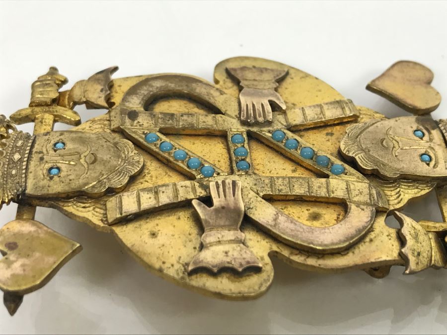 JUST ADDED - Gold Tone King Of Hearts Brooch Accented With Round Turquoise Stones [Photo 6]