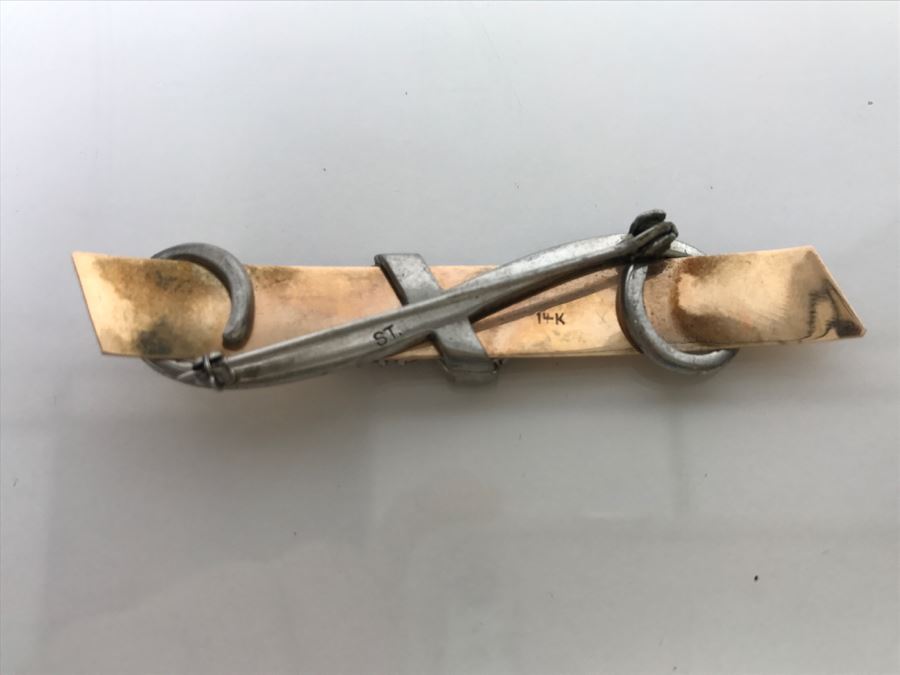 JUST ADDED - 14k Gold 2-Tone Brooch Accented With Milgrain Bar Containing 7 Clear Stones Flanked With 6 Red Prong Set Stones Ribbon Design 2.75' Long 10.6g [Photo 10]