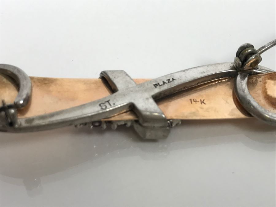 JUST ADDED - 14k Gold 2-Tone Brooch Accented With Milgrain Bar Containing 7 Clear Stones Flanked With 6 Red Prong Set Stones Ribbon Design 2.75' Long 10.6g [Photo 12]