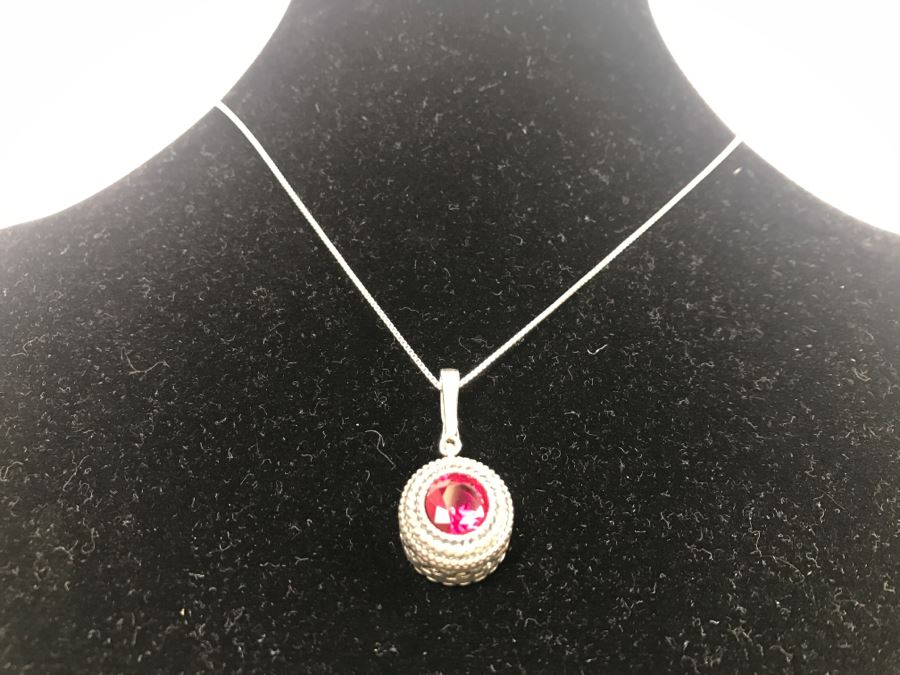 JUST ADDED - Sterling Silver Chain And Pendant With Synthetic Red Stone 8.8g SSJ [Photo 4]