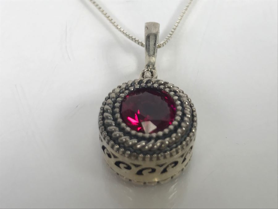 JUST ADDED - Sterling Silver Chain And Pendant With Synthetic Red Stone 8.8g SSJ [Photo 6]