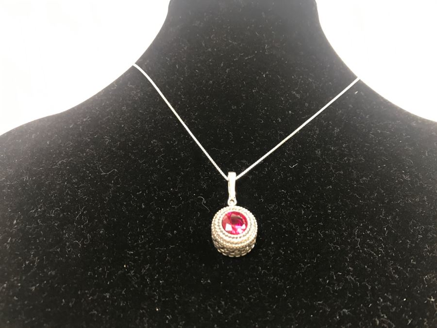 JUST ADDED - Sterling Silver Chain And Pendant With Synthetic Red Stone 8.8g SSJ [Photo 3]