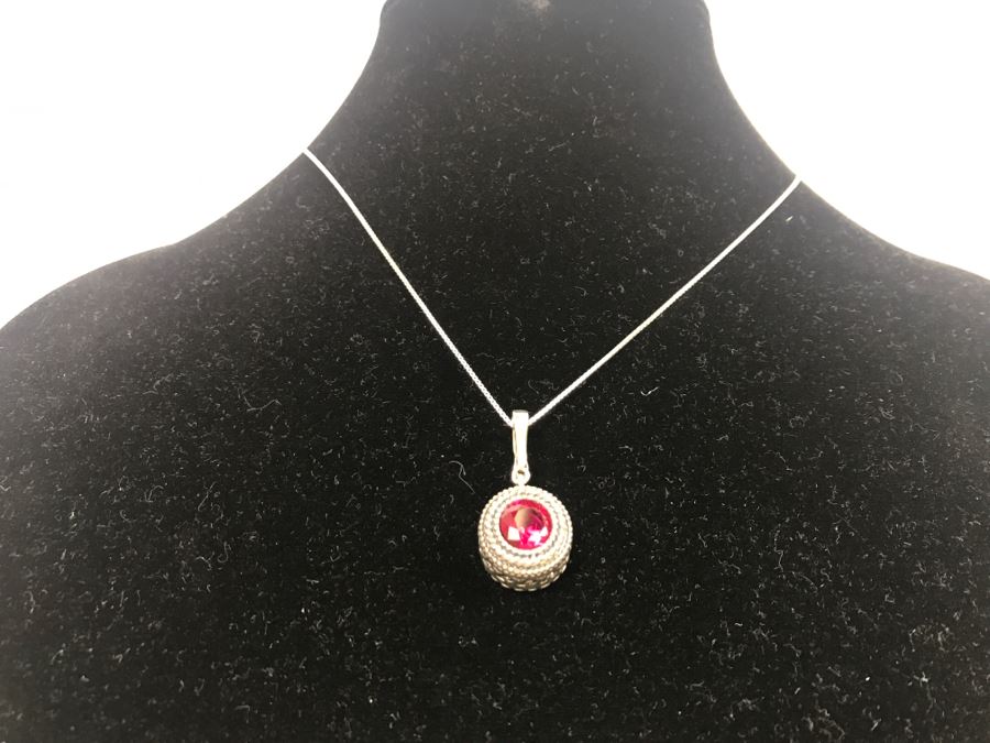 JUST ADDED - Sterling Silver Chain And Pendant With Synthetic Red Stone 8.8g SSJ [Photo 2]