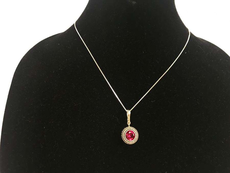 JUST ADDED - Sterling Silver Chain And Pendant With Synthetic Red Stone 8.8g SSJ [Photo 1]
