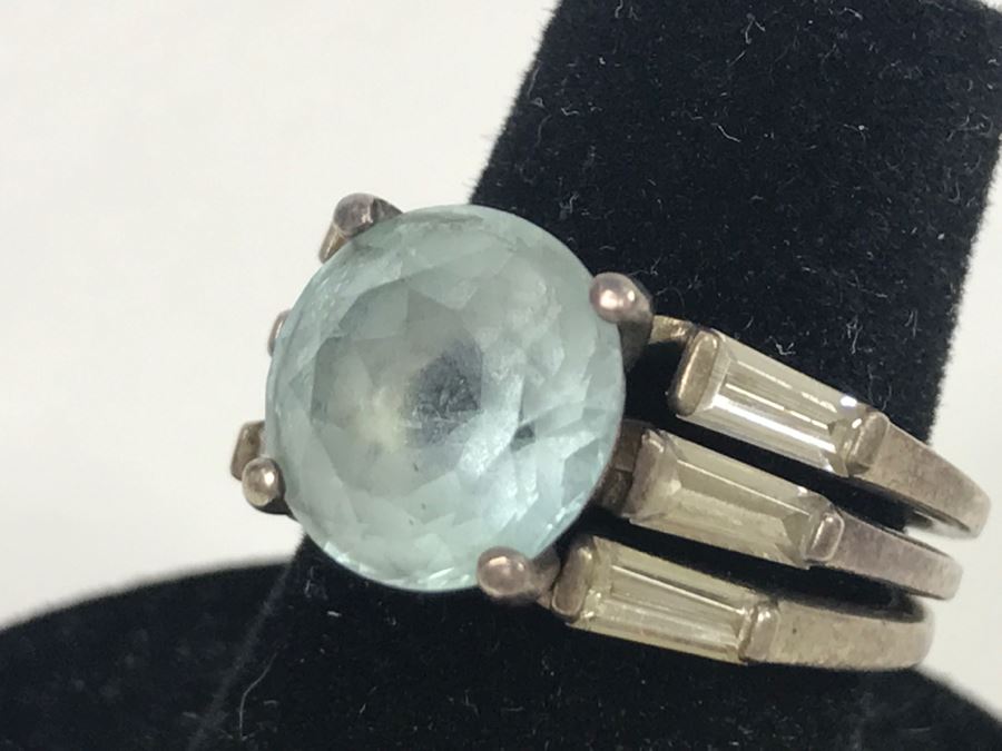 JUST ADDED - Sterling Silver 3-Piece Ring Accented With Large Synthetic Light Blue Topaz Stone 6.1g [Photo 6]