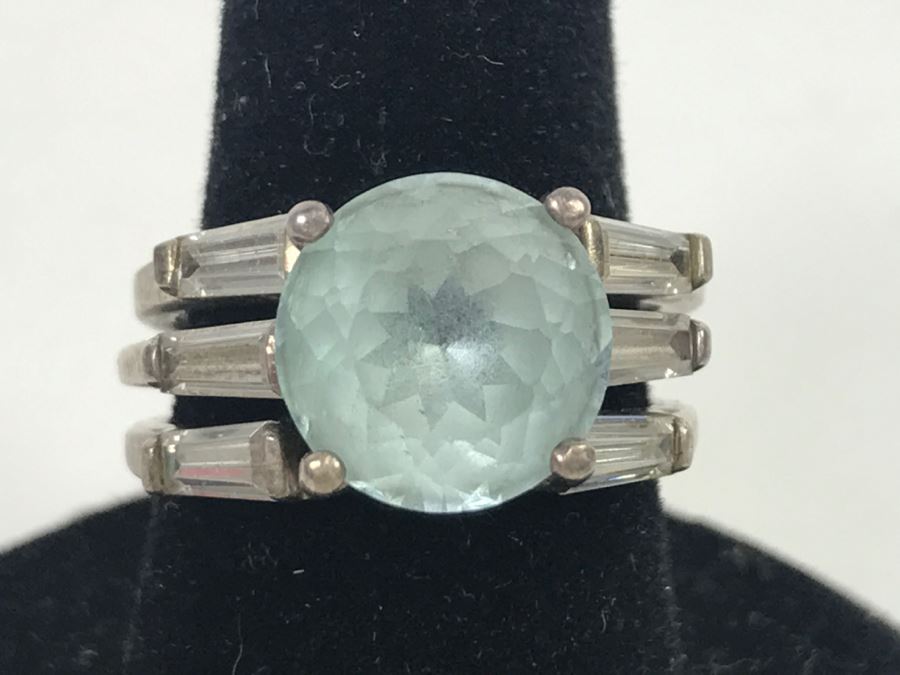 JUST ADDED - Sterling Silver 3-Piece Ring Accented With Large Synthetic Light Blue Topaz Stone 6.1g [Photo 1]