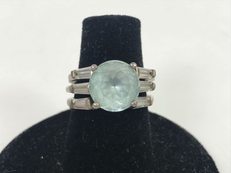 JUST ADDED - Sterling Silver 3-Piece Ring Accented With Large Synthetic Light Blue Topaz Stone 6.1g [Photo 2]