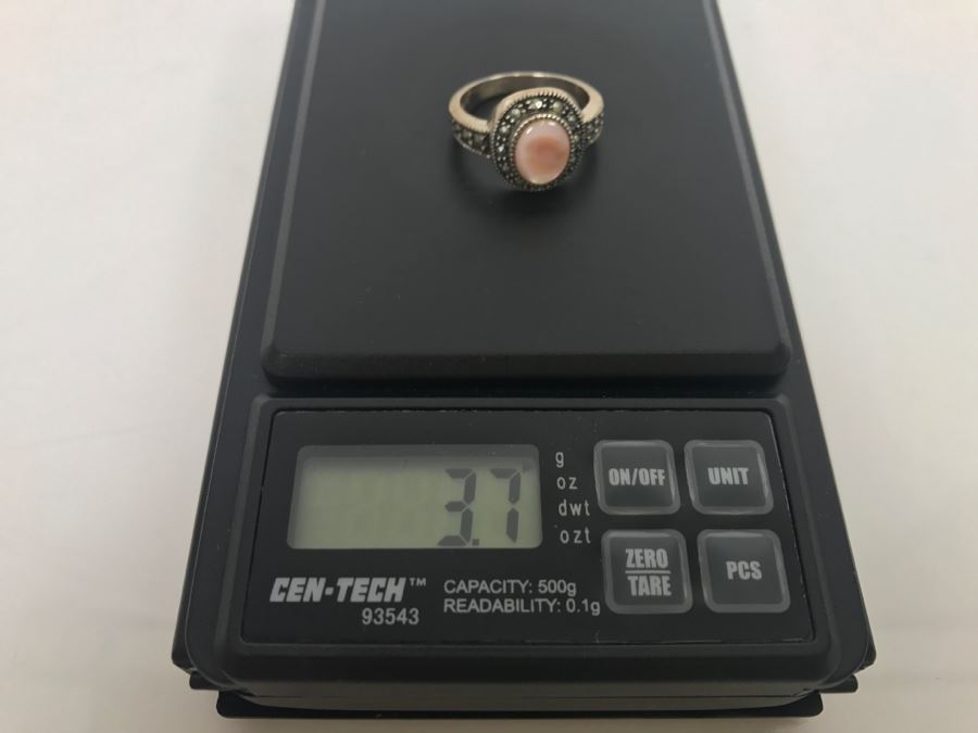 JUST ADDED - Sterling Silver Bezel Set Mother Of Pearl And Marcasite Halo Ring Size 7 3.7g [Photo 9]