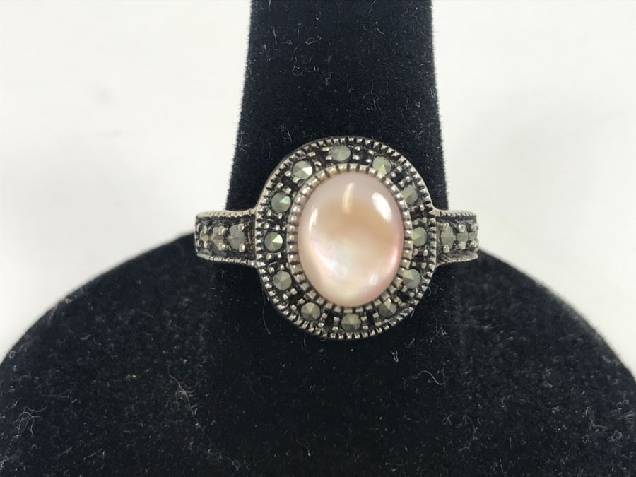 JUST ADDED - Sterling Silver Bezel Set Mother Of Pearl And Marcasite Halo Ring Size 7 3.7g [Photo 1]