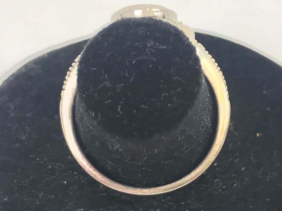 JUST ADDED - Sterling Silver Bezel Set Mother Of Pearl And Marcasite Halo Ring Size 7 3.7g [Photo 6]