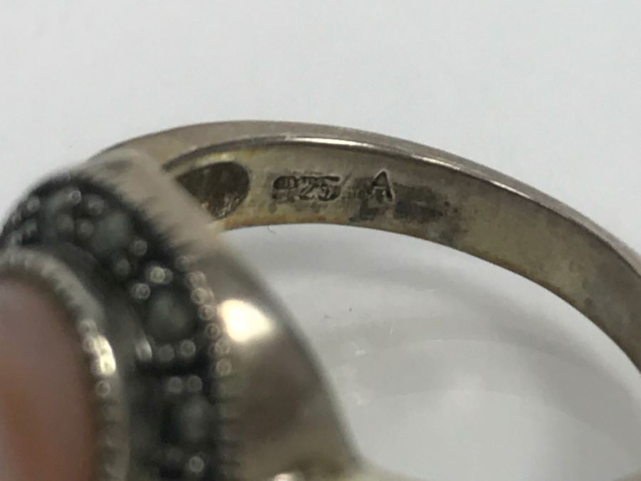 JUST ADDED - Sterling Silver Bezel Set Mother Of Pearl And Marcasite Halo Ring Size 7 3.7g [Photo 7]