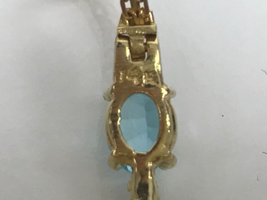JUST ADDED - 14k Gold Bracelet With (3) Synthetic Blue Topaz Stones Accented With (2) Clear Stones 7 1/2' Long 4.2g [Photo 8]