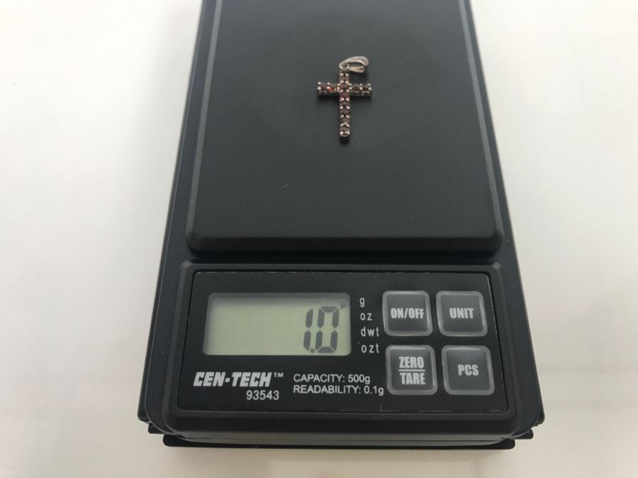 JUST ADDED - Sterling Silver Cross With (13) Round Red Garnet Like Stones 1' Long 1.0g [Photo 8]