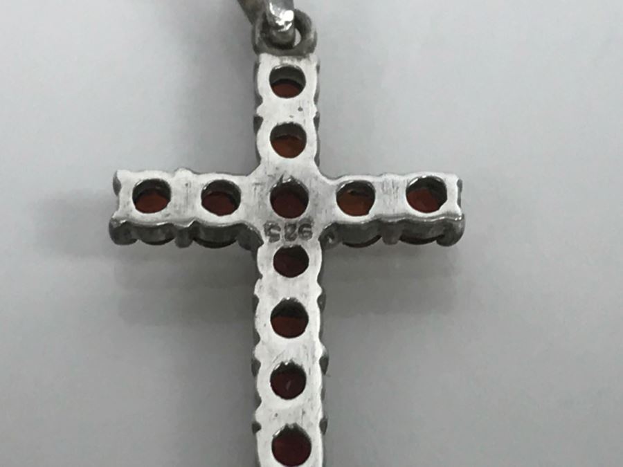 JUST ADDED - Sterling Silver Cross With (13) Round Red Garnet Like Stones 1' Long 1.0g [Photo 7]