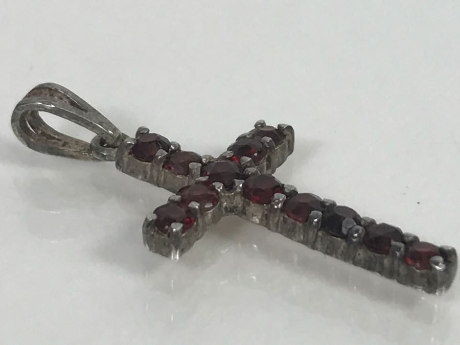 JUST ADDED - Sterling Silver Cross With (13) Round Red Garnet Like Stones 1' Long 1.0g [Photo 3]
