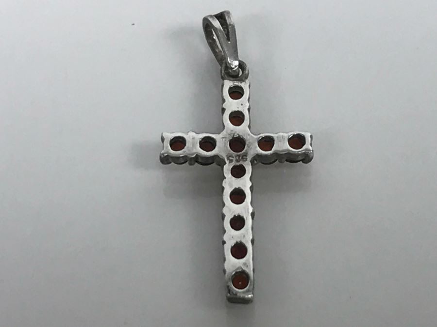 JUST ADDED - Sterling Silver Cross With (13) Round Red Garnet Like Stones 1' Long 1.0g [Photo 6]