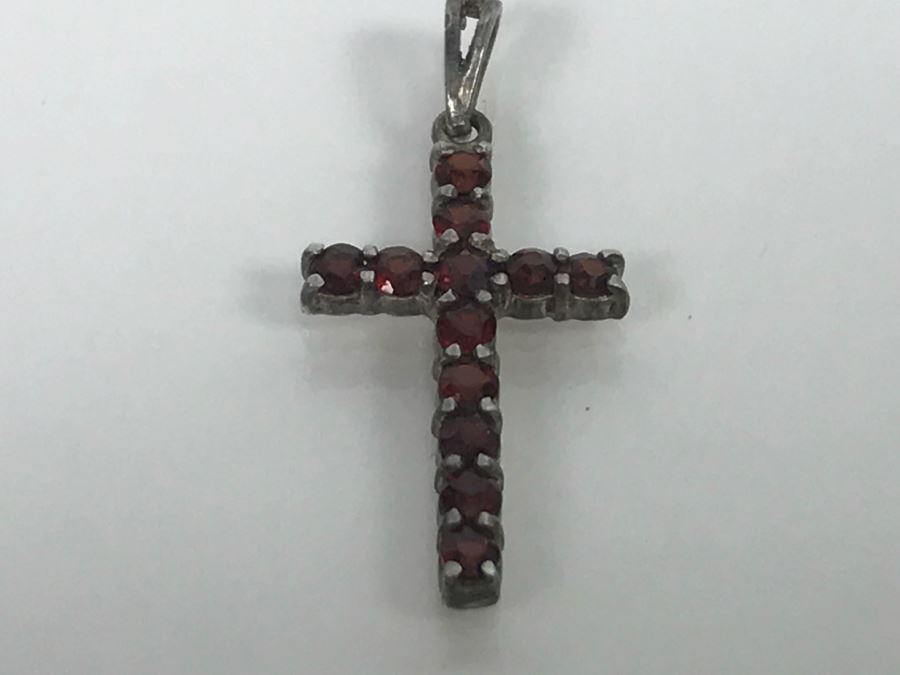 JUST ADDED - Sterling Silver Cross With (13) Round Red Garnet Like Stones 1' Long 1.0g [Photo 1]