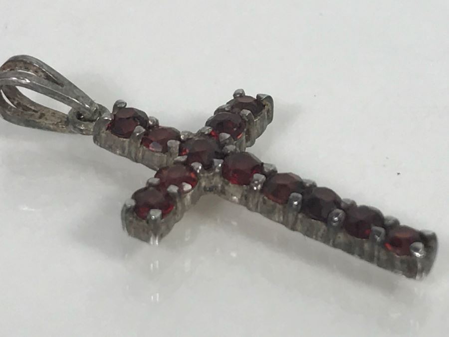 JUST ADDED - Sterling Silver Cross With (13) Round Red Garnet Like Stones 1' Long 1.0g [Photo 4]