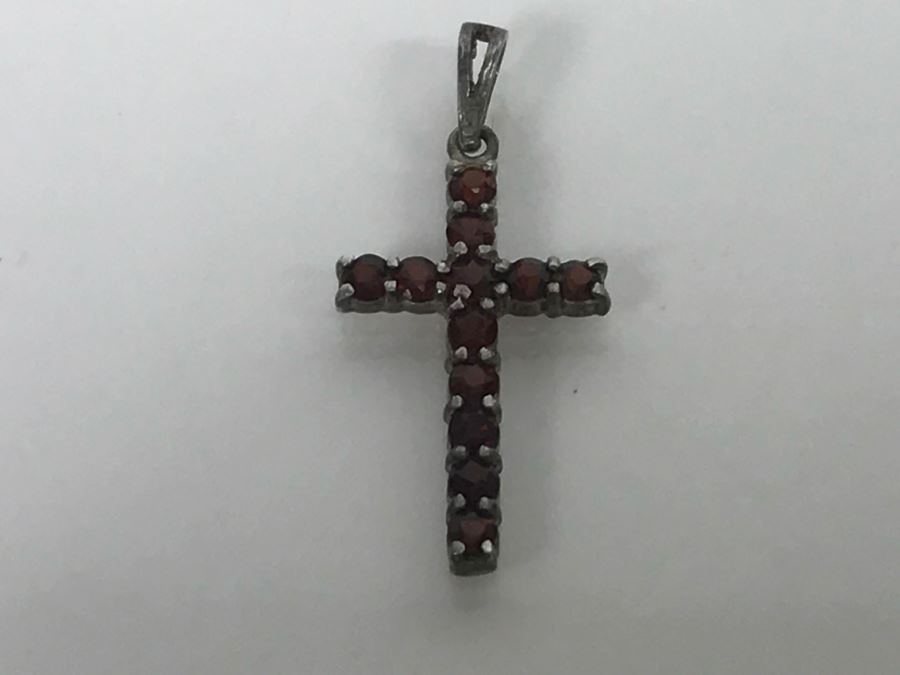 JUST ADDED - Sterling Silver Cross With (13) Round Red Garnet Like Stones 1' Long 1.0g [Photo 2]