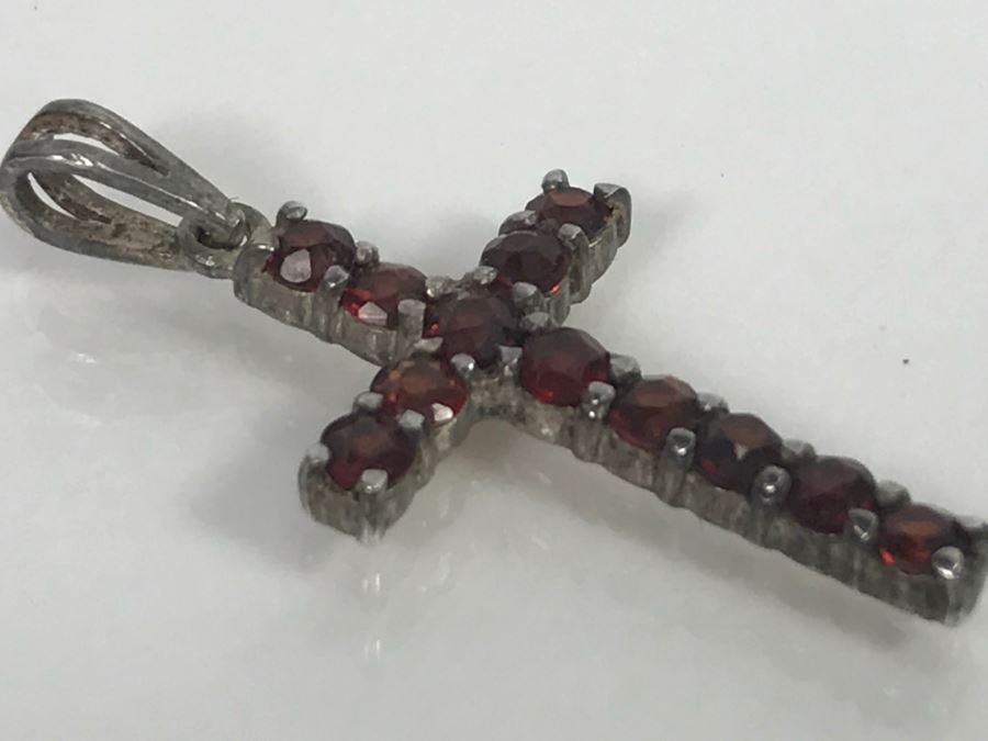 JUST ADDED - Sterling Silver Cross With (13) Round Red Garnet Like Stones 1' Long 1.0g [Photo 5]