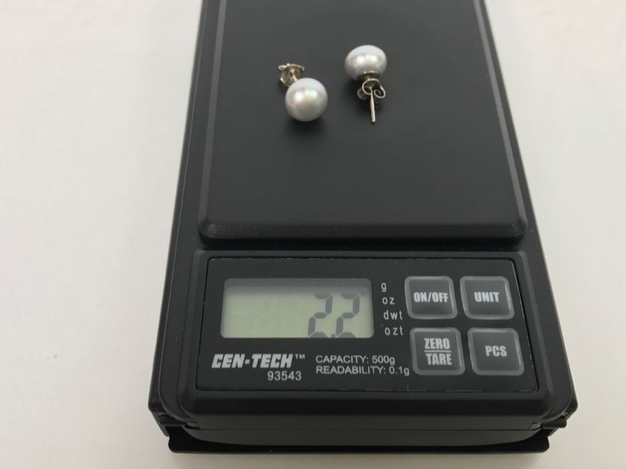 JUST ADDED - Sterling Silver Gray Tone Button Pearl Stud Earrings 2.2g [Photo 8]