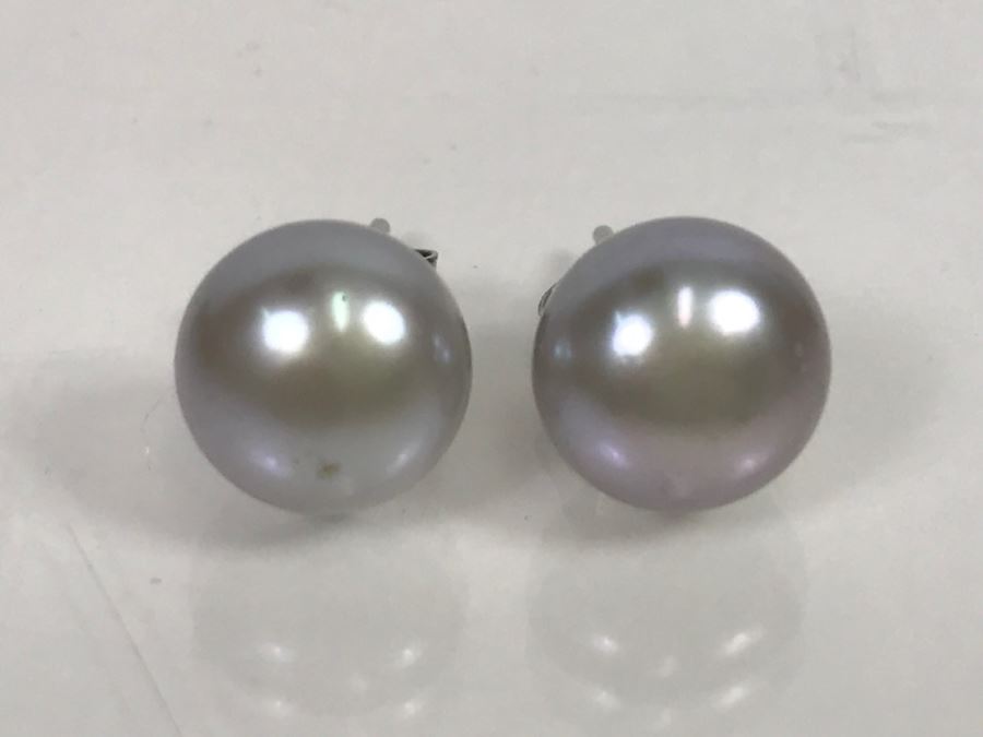 JUST ADDED - Sterling Silver Gray Tone Button Pearl Stud Earrings 2.2g [Photo 3]