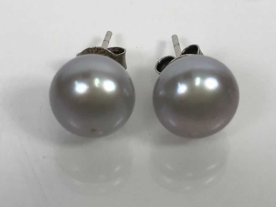 JUST ADDED - Sterling Silver Gray Tone Button Pearl Stud Earrings 2.2g [Photo 4]