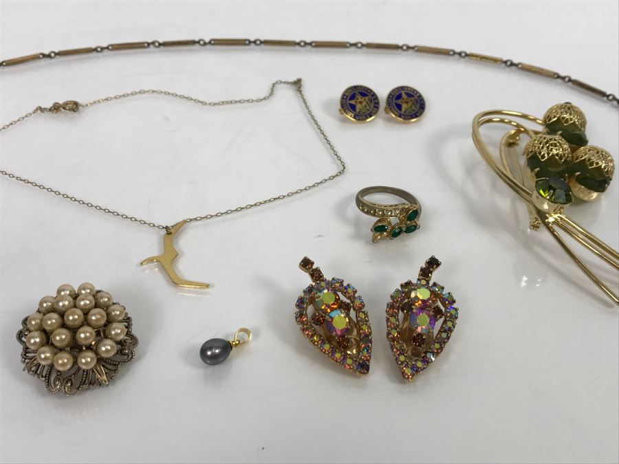 JUST ADDED - Assorted Collection Of Costume Jewelry Including Signed Brooches, Earrings, Ring, Necklace