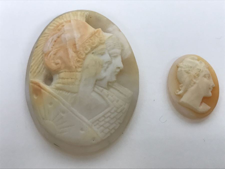JUST ADDED - Pair Of Carved Shell Cameos - Larger Is Signed 6.2g