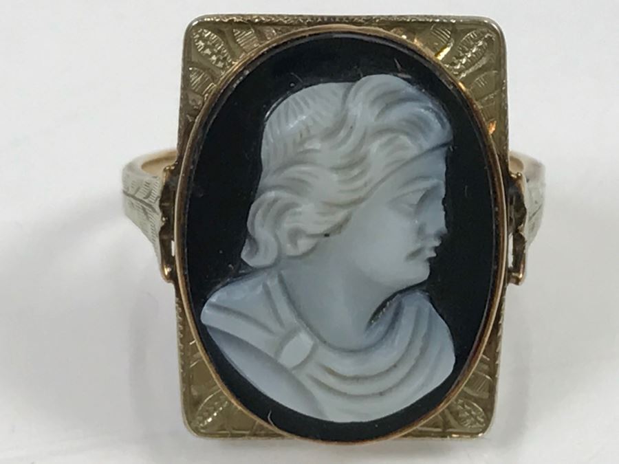 JUST ADDED - 10K Gold Chased Design Ring With Center Cameo A&S 2.7g [Photo 14]