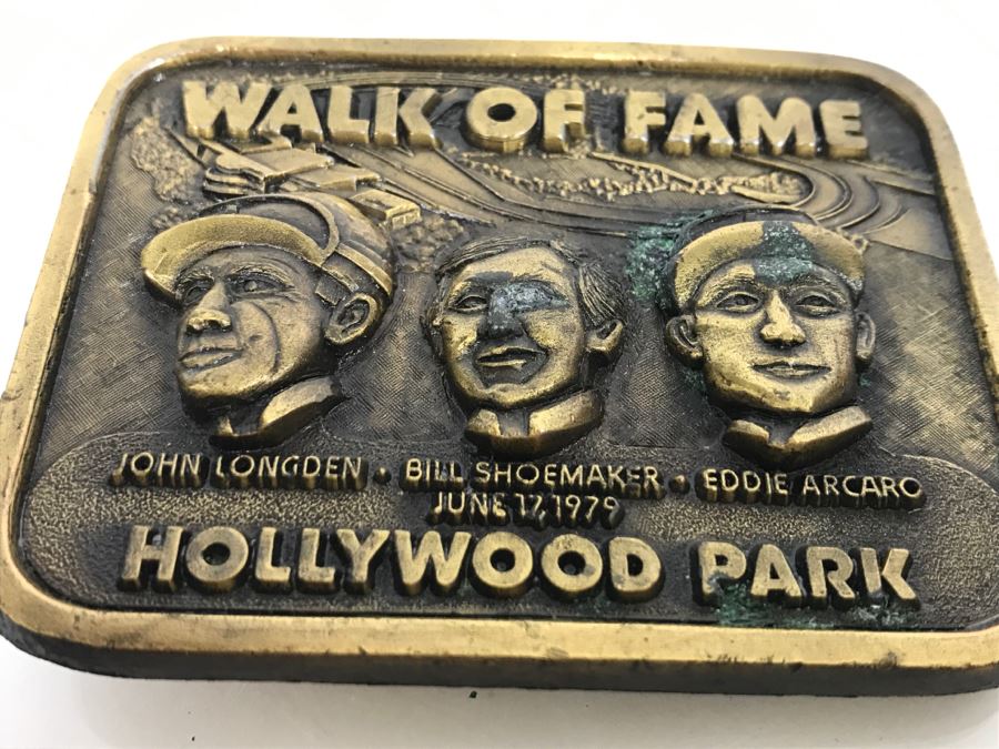 JUST ADDED - Walk Of Fame Hollywood Park June 17, 1979 John Longden, Bill Shoemaker, Eddie Arcaro Brass Belt Buckle [Photo 2]