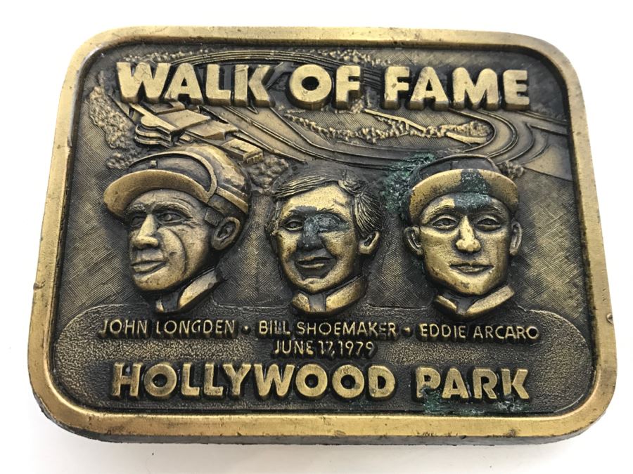 JUST ADDED - Walk Of Fame Hollywood Park June 17, 1979 John Longden, Bill Shoemaker, Eddie Arcaro Brass Belt Buckle [Photo 1]