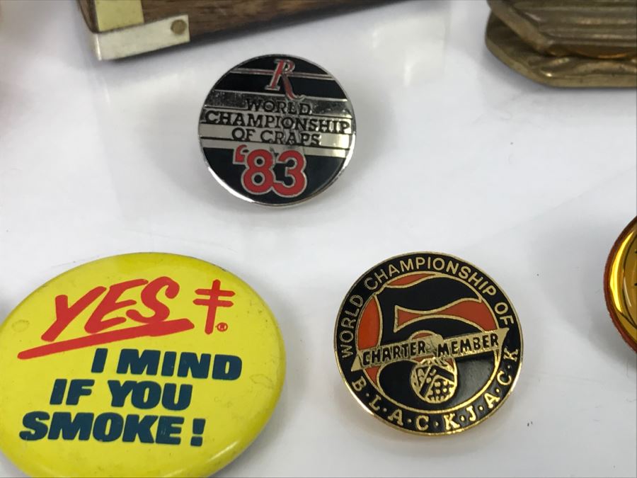 JUST ADDED - Collection Of Various Blackjack Pins, Buttons, Dunes Las Vegas One Dollar Chip, Wooden Trinket Boxes And More - See All Photos [Photo 18]