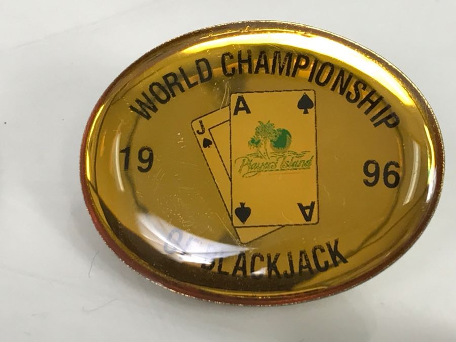 JUST ADDED - Collection Of Various Blackjack Pins, Buttons, Dunes Las Vegas One Dollar Chip, Wooden Trinket Boxes And More - See All Photos [Photo 13]